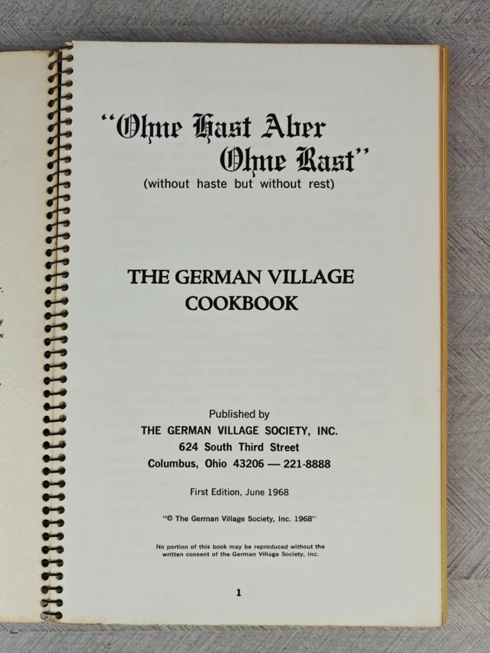 German Village Cookbook German Village Society 1968 First Edition Spiral-Bound